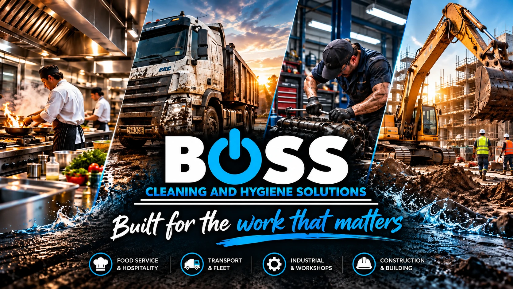 BOSS Cleaning And Hygiene Solutions collage showing food service, transport, workshops and construction